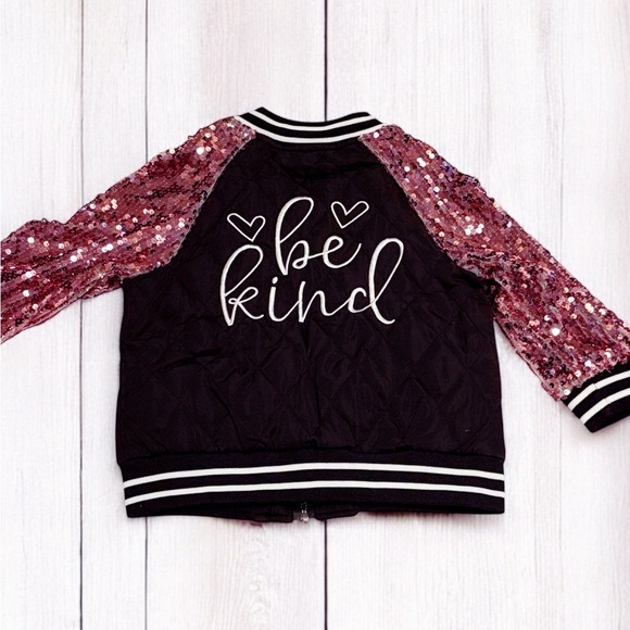 Girls Black Bomber Jacket Pink Sequin Sleeves Be Kind Graphic Sparkly Sm NIP - Picture 11 of 15